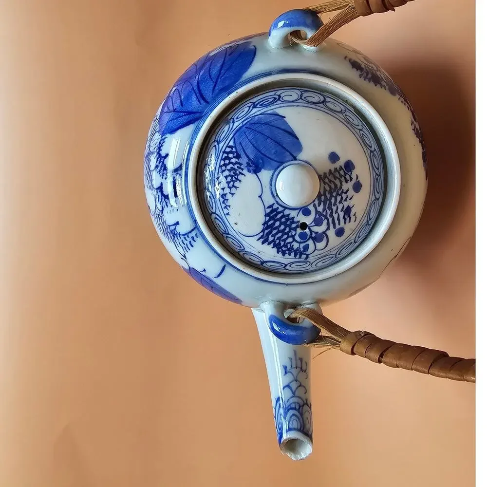 Vintage Blue White Teapot Wicker Handle Lid - Chinoiserie Style